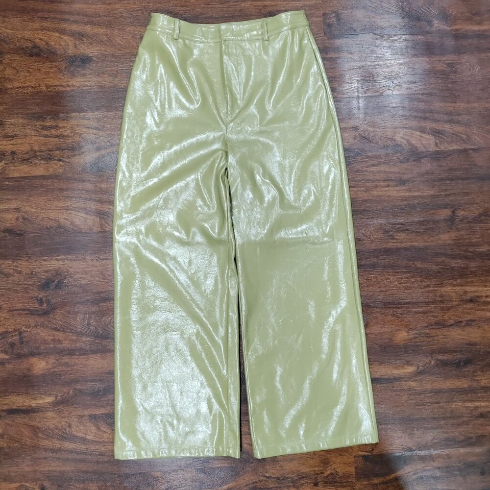 Danielle Bernstein Olive Patent Faux Leather Fully Lined Wide-Leg Pants Size 14 - Picture 2 of 16